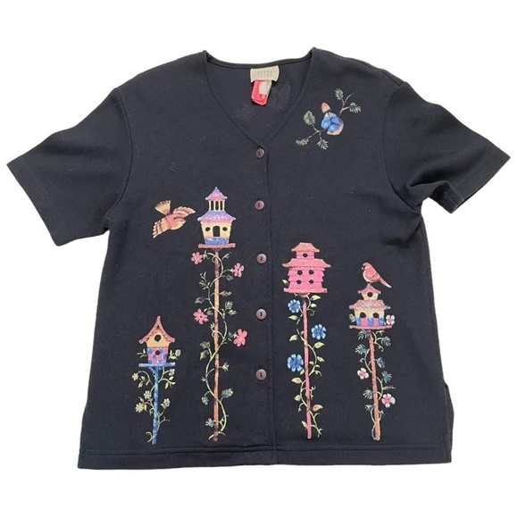Vintage knit bird house print button closure short sleeve top small - Picture 1 of 11